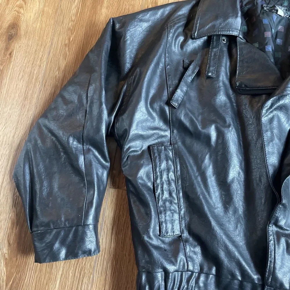 Vintage Black Faux Leather Motorcycle Jacket Biker Bomber Classic‎ Retro Style